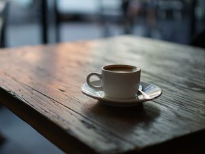 Preview wallpaper cup, coffee, wooden, surface