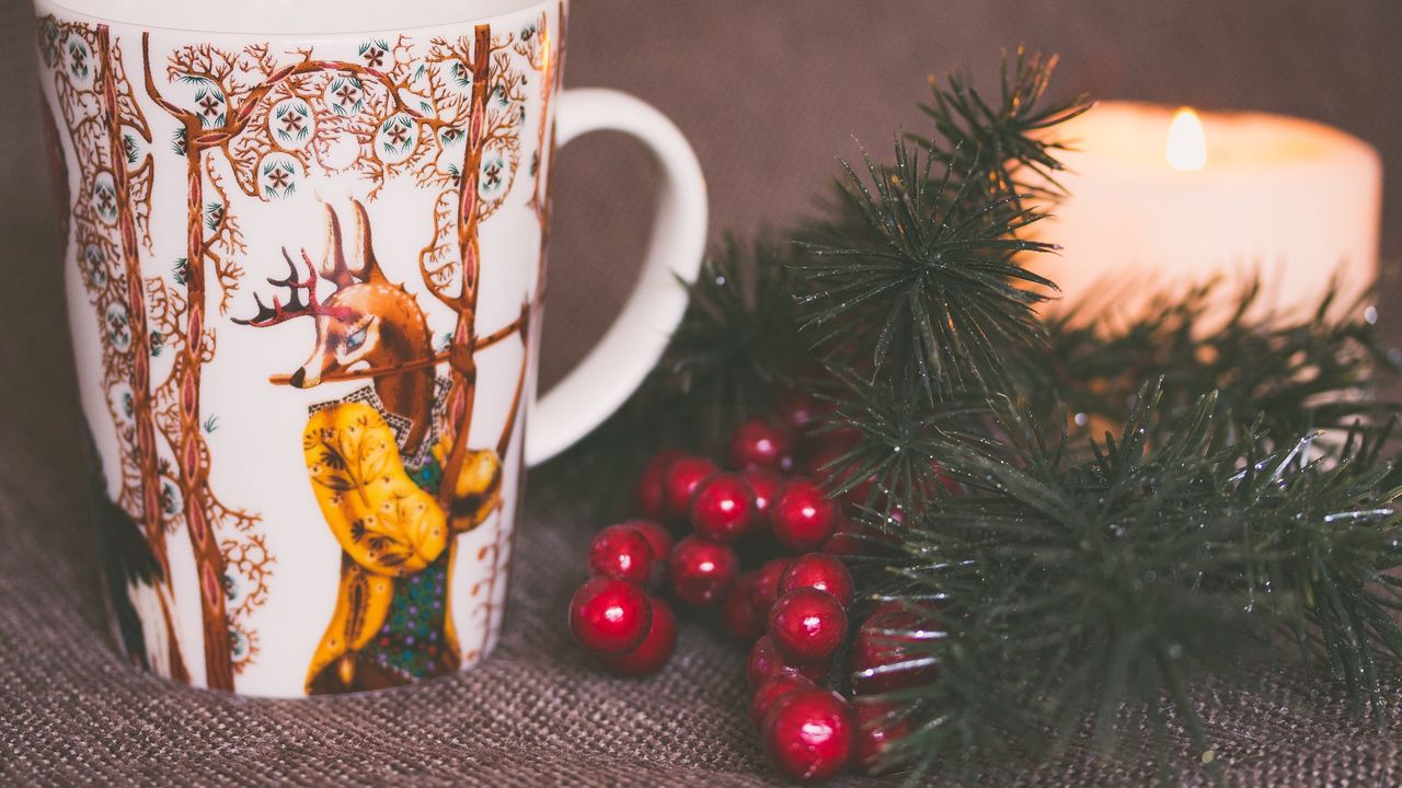 Wallpaper cup, deer, branch, candle, christmas