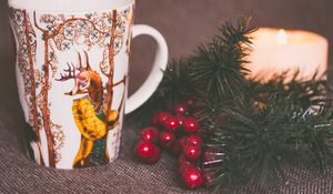 Preview wallpaper cup, deer, branch, candle, christmas