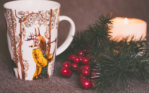 Preview wallpaper cup, deer, branch, candle, christmas