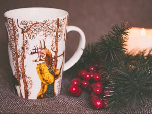 Preview wallpaper cup, deer, branch, candle, christmas