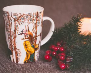 Preview wallpaper cup, deer, branch, candle, christmas