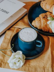 Preview wallpaper cup, drink, baked goods, flowers, book