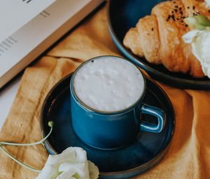 Preview wallpaper cup, drink, baked goods, flowers, book