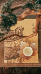 Preview wallpaper cup, drink, leaf, branches, hieroglyphs