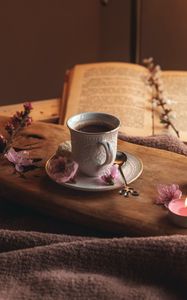 Preview wallpaper cup, flowers, book, cocoa, drink