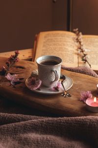 Preview wallpaper cup, flowers, book, cocoa, drink