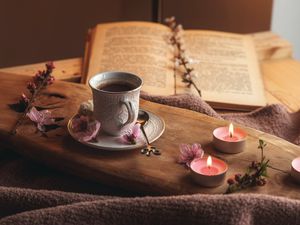 Preview wallpaper cup, flowers, book, cocoa, drink