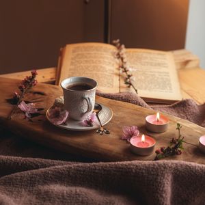 Preview wallpaper cup, flowers, book, cocoa, drink