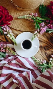 Preview wallpaper cup, flowers, hat, table