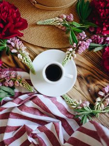 Preview wallpaper cup, flowers, hat, table