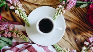 Preview wallpaper cup, flowers, hat, table