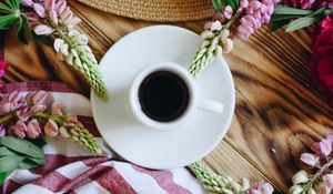 Preview wallpaper cup, flowers, hat, table