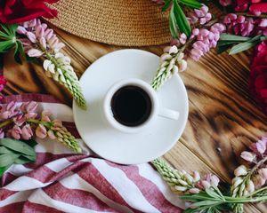Preview wallpaper cup, flowers, hat, table