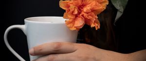 Preview wallpaper cup, hand, flowers, dark
