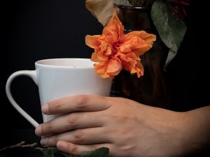 Preview wallpaper cup, hand, flowers, dark