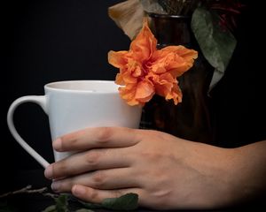 Preview wallpaper cup, hand, flowers, dark