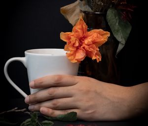 Preview wallpaper cup, hand, flowers, dark