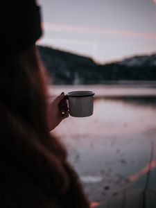 Preview wallpaper cup, hand, girl, lake