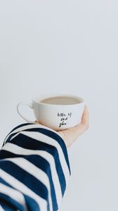 Preview wallpaper cup, hand, inscription, coffee, breakfast