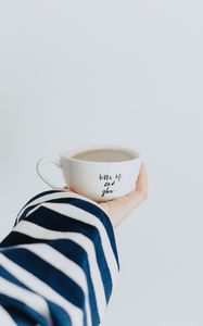 Preview wallpaper cup, hand, inscription, coffee, breakfast