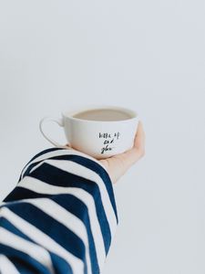 Preview wallpaper cup, hand, inscription, coffee, breakfast