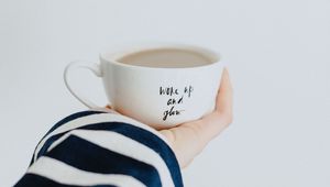 Preview wallpaper cup, hand, inscription, coffee, breakfast