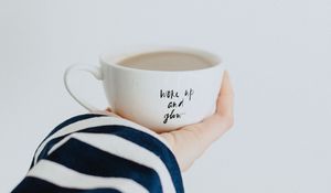 Preview wallpaper cup, hand, inscription, coffee, breakfast