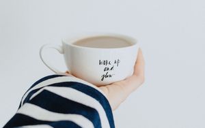 Preview wallpaper cup, hand, inscription, coffee, breakfast