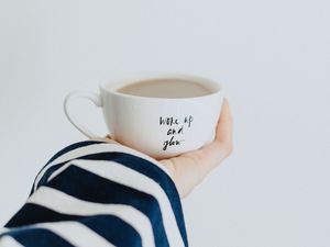 Preview wallpaper cup, hand, inscription, coffee, breakfast