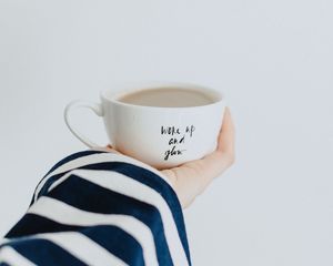 Preview wallpaper cup, hand, inscription, coffee, breakfast