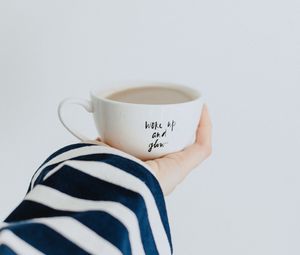 Preview wallpaper cup, hand, inscription, coffee, breakfast