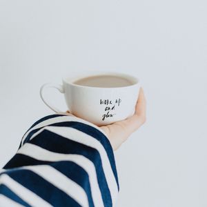 Preview wallpaper cup, hand, inscription, coffee, breakfast