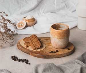 Preview wallpaper cup, hand, milk, cookies, coffee beans, aesthetics