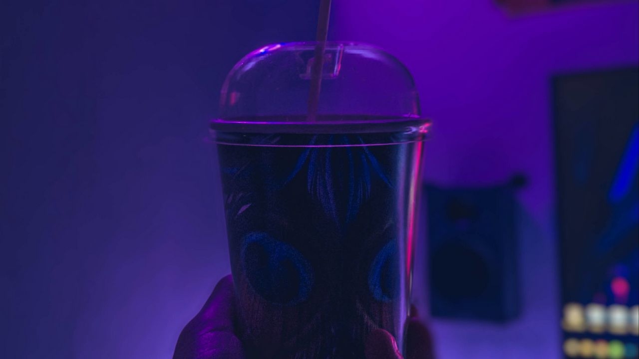 Wallpaper cup, hand, neon, dark hd, picture, image