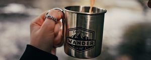 Preview wallpaper cup, hand, thermos, camping, focus