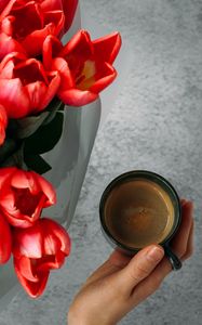 Preview wallpaper cup, hand, tulips, flowers, coffee