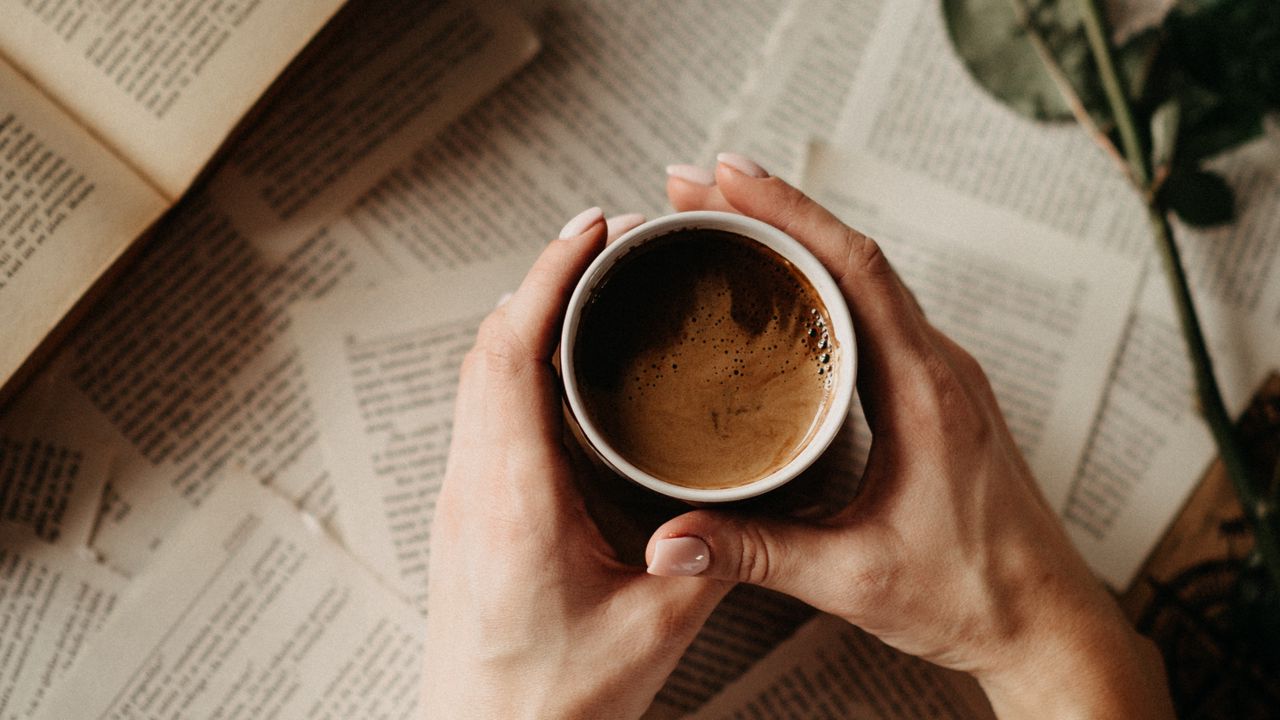 Wallpaper cup, hands, book, page, flower