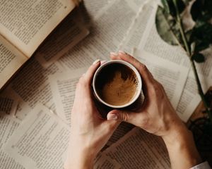 Preview wallpaper cup, hands, book, page, flower