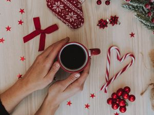 Preview wallpaper cup, hands, decoration, new year, christmas