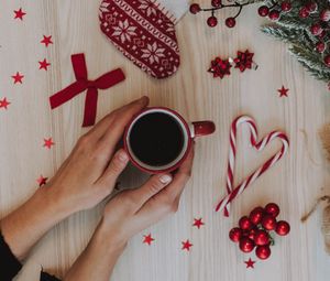Preview wallpaper cup, hands, decoration, new year, christmas