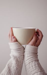 Preview wallpaper cup, hands, sweater, white