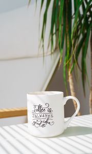 Preview wallpaper cup, inscription, coffee, plant