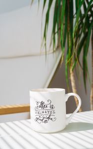Preview wallpaper cup, inscription, coffee, plant