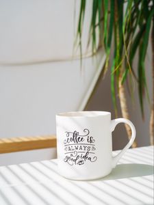 Preview wallpaper cup, inscription, coffee, plant