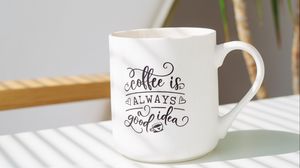 Preview wallpaper cup, inscription, coffee, plant