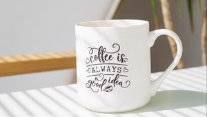 Preview wallpaper cup, inscription, coffee, plant