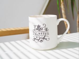Preview wallpaper cup, inscription, coffee, plant
