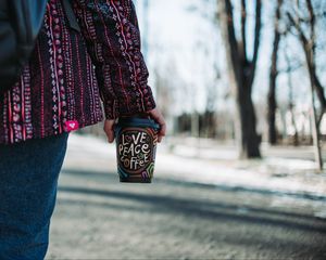 Preview wallpaper cup, inscription, words, coffee, hand