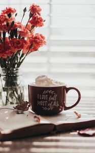 Preview wallpaper cup, inscription, words, book, flowers